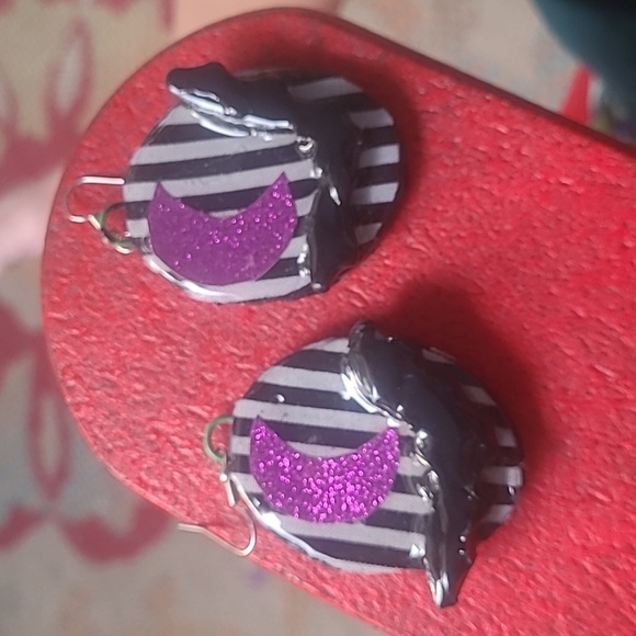 Striped Earrings with Pink Glitter Moon and Black Bird - Picture 1 of 5